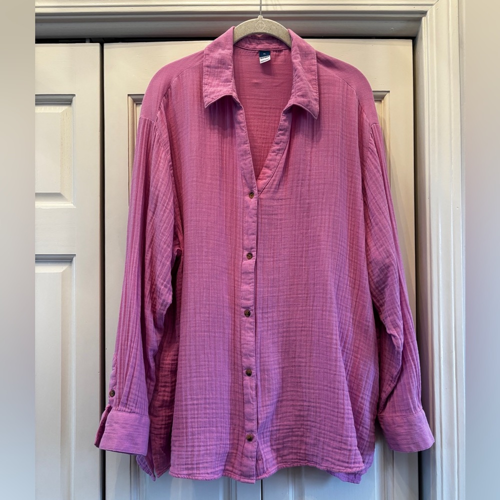 Old Navy, lilac gauzy oversized v-neck, button-up shirt, XL